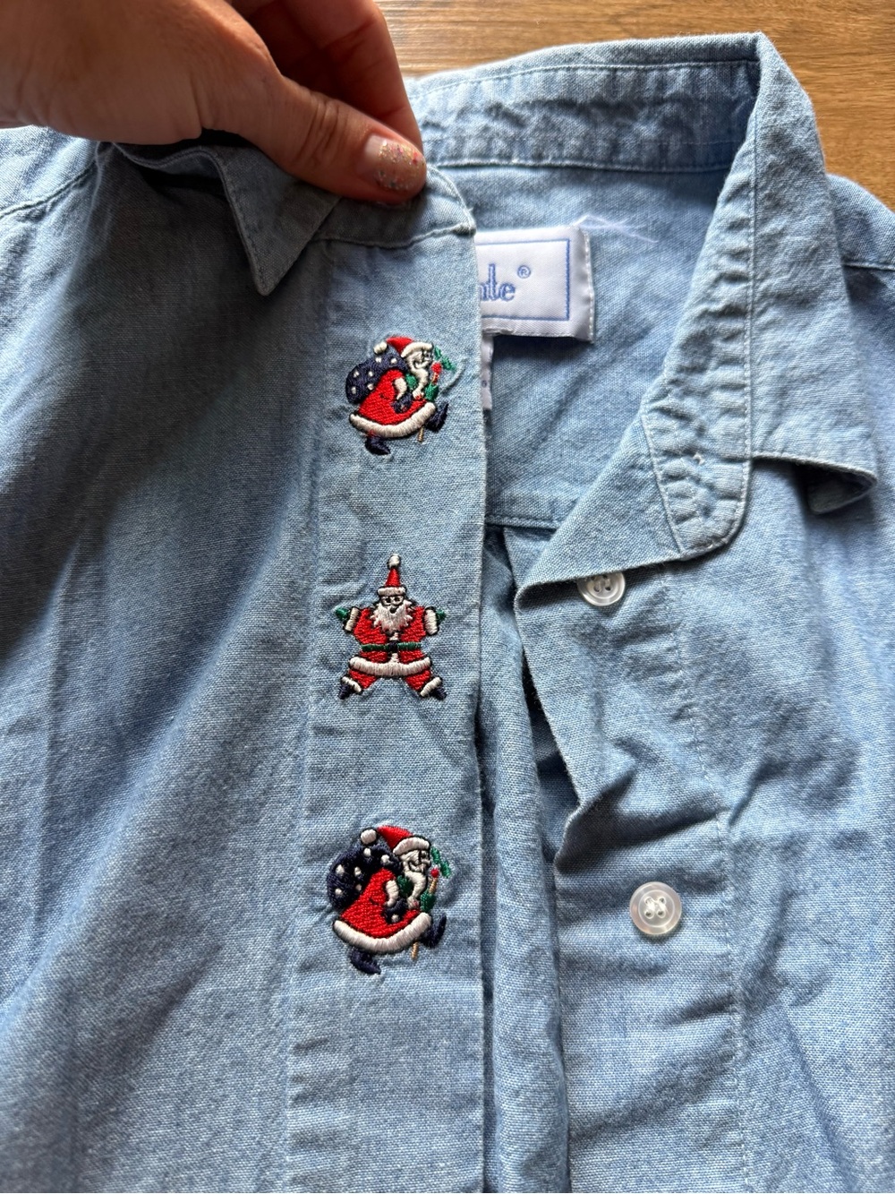 Vintage BellePointe Large Chambray Christmas Santa Embroidered Button Up Shirt